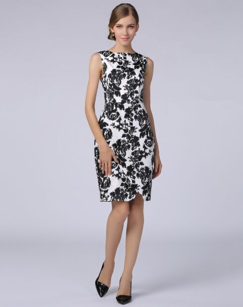 Robe courte cintrée avec fente imprimé floral  noir/blanc