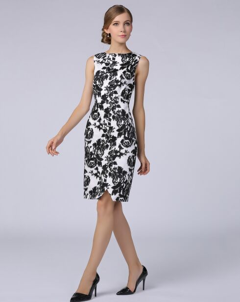 Robe courte cintrée avec fente imprimé floral  noir/blanc