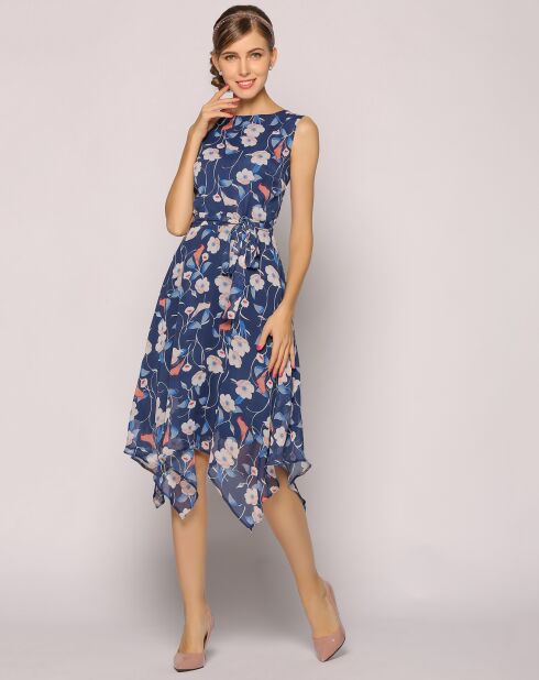 Robe asymétrique imprimée floral imprimée bleu/rose