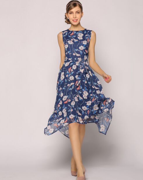 Robe asymétrique imprimée floral imprimée bleu/rose