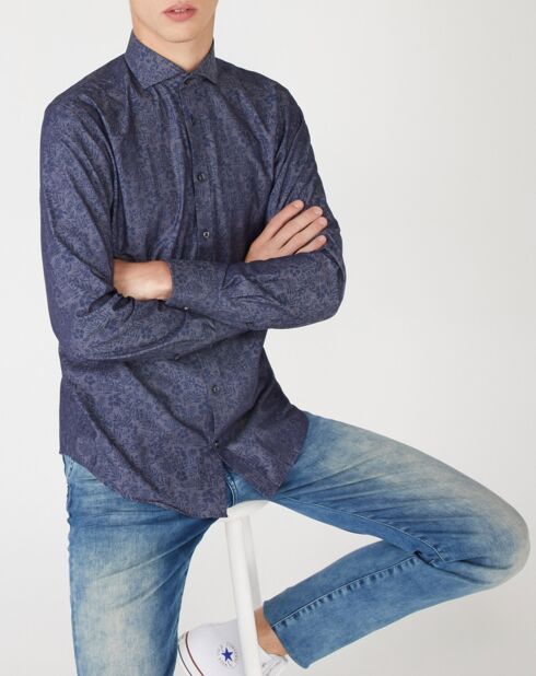 Chemise Slim Brown à fleurs bleu foncé