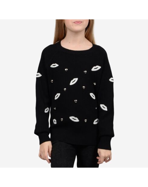 Pull ample en Maille mélangée imprimé bisous noir