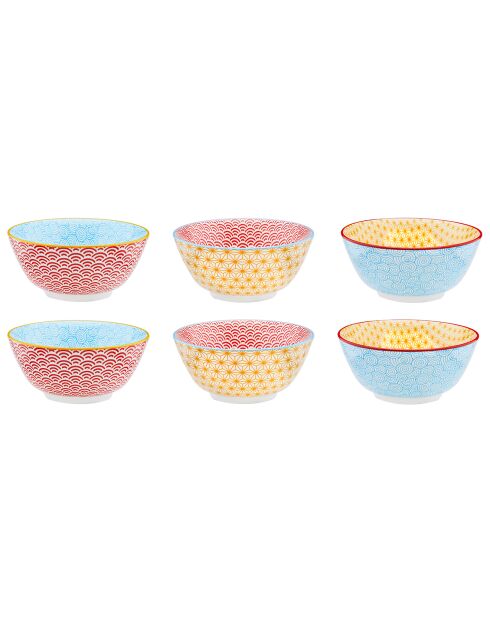 6 Bols petit-déjeuner Pattern Color bleu clair/rouge/jaune - D.15 cm