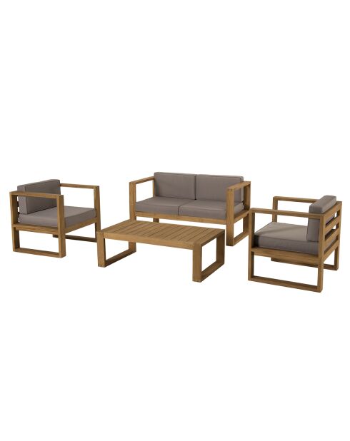 Salon de jardin 1 canapé & 2 fauteuils + 1 table basse Halice taupe/bois - 132x63x73 cm