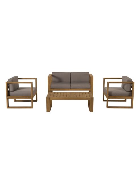 Salon de jardin 1 canapé & 2 fauteuils + 1 table basse Halice taupe/bois - 132x63x73 cm