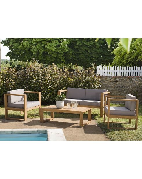 Salon de jardin 1 canapé & 2 fauteuils + 1 table basse Halice taupe/bois - 132x63x73 cm