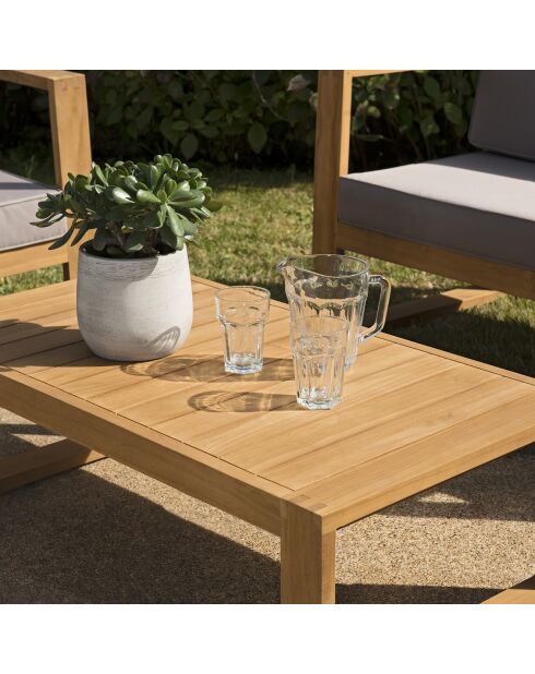 Salon de jardin 1 canapé & 2 fauteuils + 1 table basse Halice taupe/bois - 132x63x73 cm