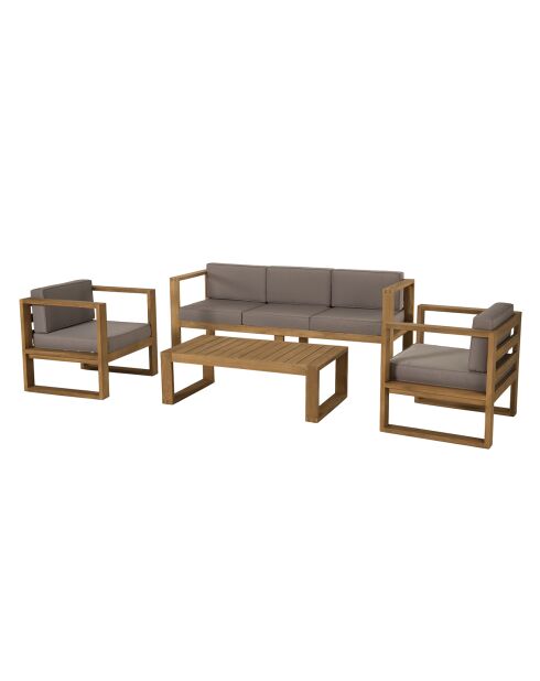 Salon de jardin 1 canapé & 2 fauteuils +1 table basse Halice taupe/bois - 190x63x73 cm