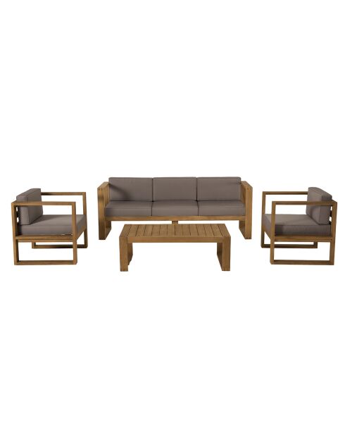 Salon de jardin 1 canapé & 2 fauteuils +1 table basse Halice taupe/bois - 190x63x73 cm