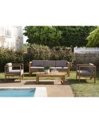 Salon de jardin 1 canapé & 2 fauteuils +1 table basse Halice taupe/bois - 190x63x73 cm