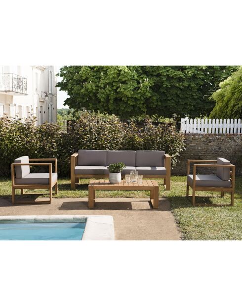 Salon de jardin 1 canapé & 2 fauteuils +1 table basse Halice taupe/bois - 190x63x73 cm