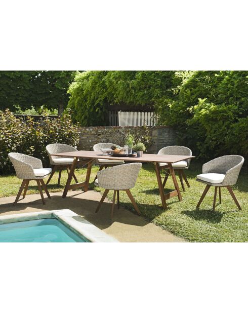 Ensemble 1 table & 6 fauteuils Hawaï beige/bois - 220x90x73 cm