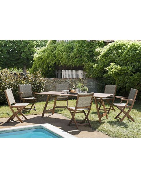 Ensemble 1 table & 4 chaises pliantes +  2 fauteuils pliants Zanzibar beige/bois - 220x90x73 cm