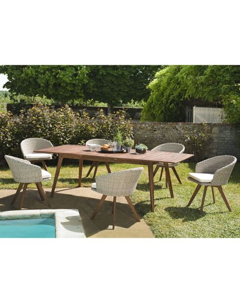 Ensemble 1 table extensible & 6 fauteuils Bali beige/bois - 180/240x100x75 cm