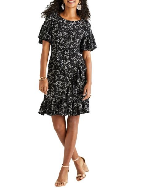 Robe portefeuille à volant imprimé floral noire