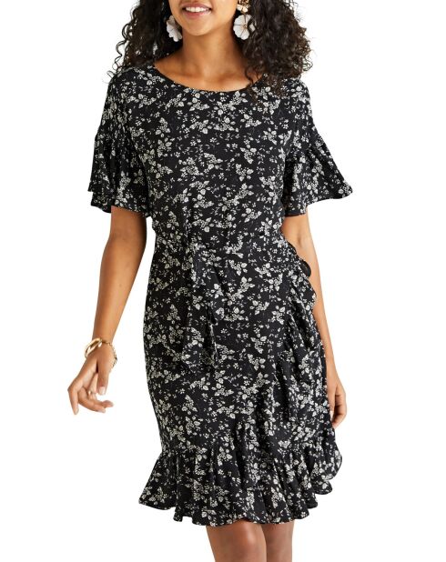 Robe portefeuille à volant imprimé floral noire