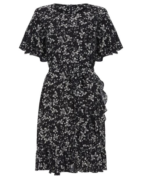 Robe portefeuille à volant imprimé floral noire