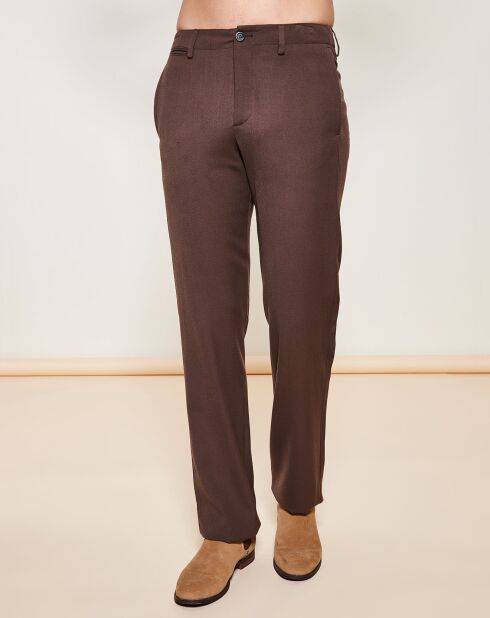 Pantalon coupe droite en Laine Vierge mélangée  texturé marron