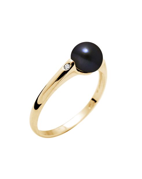 Bague Solitaire Diamants Or Jaune Perle d'Eau Douce noire