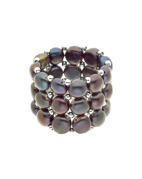Bague élastique 3 rangs Perles d'Eau Douce noires