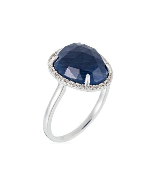 Anillo de bermudas con diamantes nuevos de 0,08 quilates y zafiro de 4,90 quilates en oro blanco