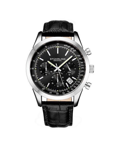 Monaco Chronograph Quarz-Lederuhr für Herren, Schwarz/Silber
