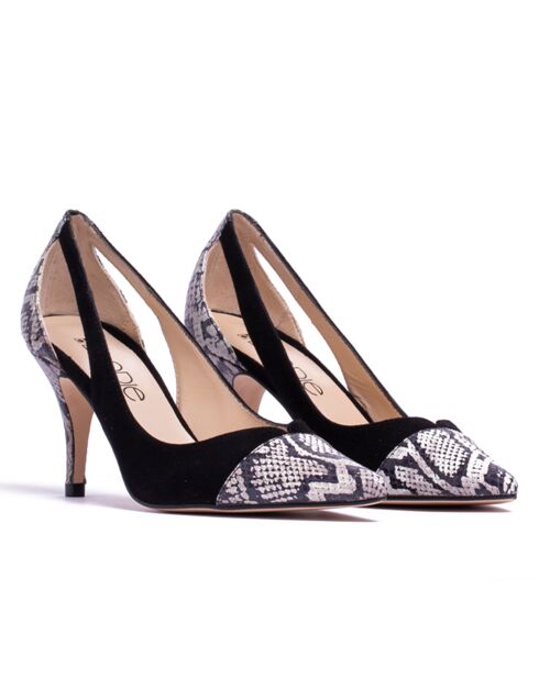 Escarpins en Velours de Cuir Olivia noir/python - Talon 7.5 cm