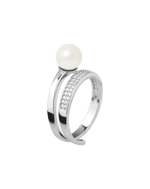 Bague Jonc Pavage Zircons Argent Perle d'Eau Douce blanc naturel