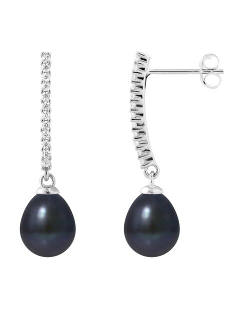 Boucles d'oreilles Argent Zircons Perles d'Eau Douce noires