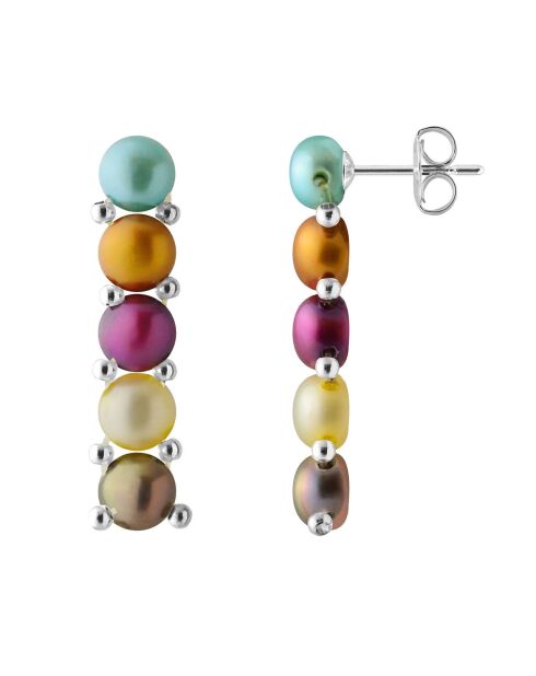 Boucles d'oreilles Acier & 5 Perles d'Eau Douce multicolores