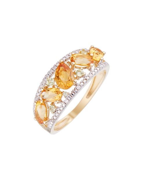 Anillo de diamantes Olivines de 0,05 quilates con citrinos de 1,30 quilates y peridotos de 0,14 quilates en oro amarillo