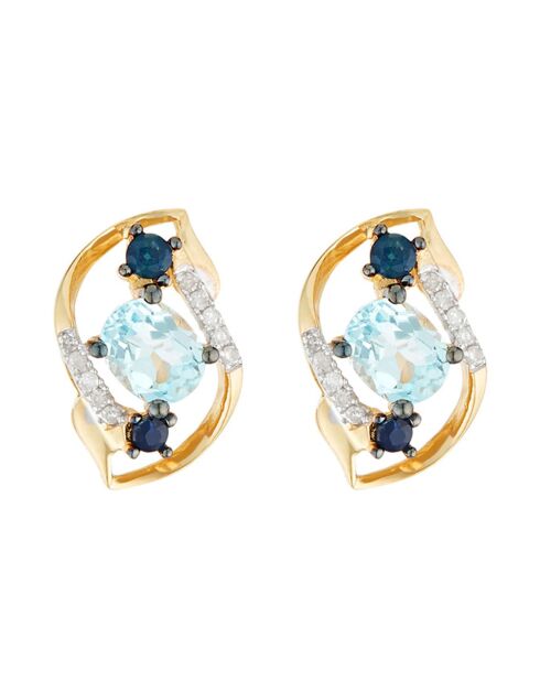 Droomblauwe diamanten oorbellen 0,06 ct-- blauwe topaas 1,21 ct en saffieren 0,25 kt geelgoud