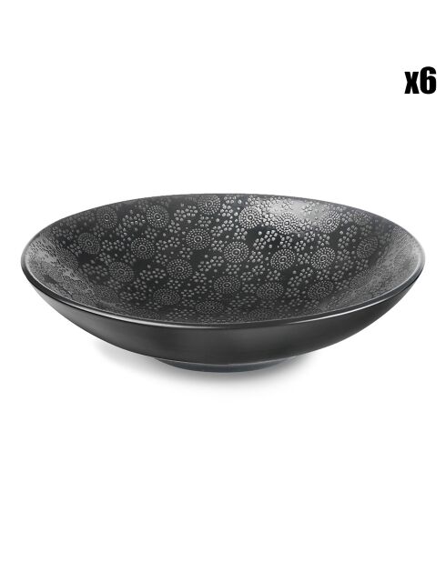 6 schwarze japanische Salat- und Nudelteller aus schwarzem Steinzeug - D.19 cm