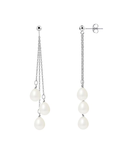 Boucles d'oreilles en Or Blanc Trio Perles d'Eau Douce Poires blanc naturel