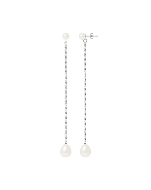 Boucles d'oreilles en Or Blanc Double Perles d'Eau Douce Bouton blanc naturel