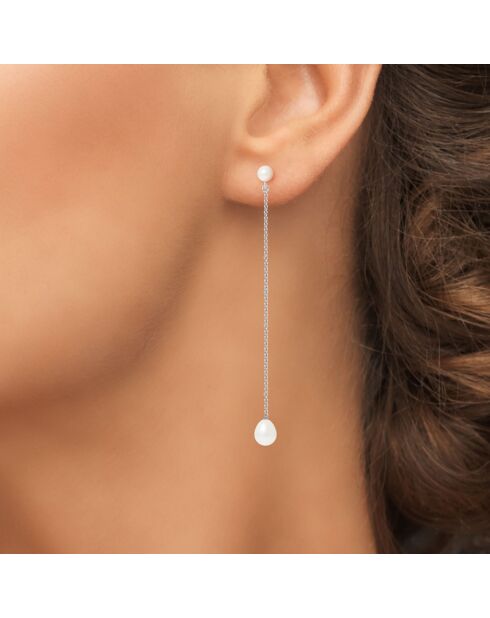 Boucles d'oreilles en Or Blanc Double Perles d'Eau Douce Bouton blanc naturel