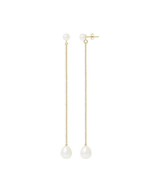 Boucles d'oreilles en Or Jaune Double Perles d'Eau Douce Bouton blanc naturel