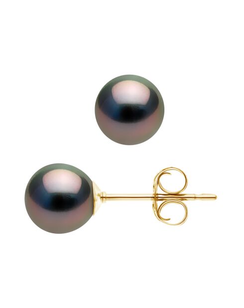 Boucles d'oreilles en Or Jaune Perles de Tahiti semi Rondes noires