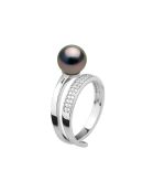 Bague Jonc Pavage en Zircons & Argent Perle de Tahiti Ronde noire