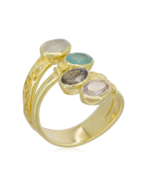 Bague ajustable Zélie Rainbow Aqua Calci. Labradorite et Rose Quartz en Laiton doré