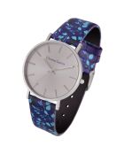 Blauw leren dameshorloge met bloemenprint