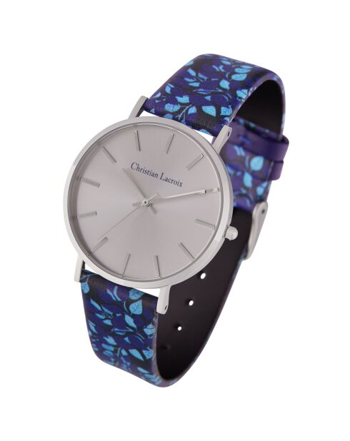 Blauw leren dameshorloge met bloemenprint