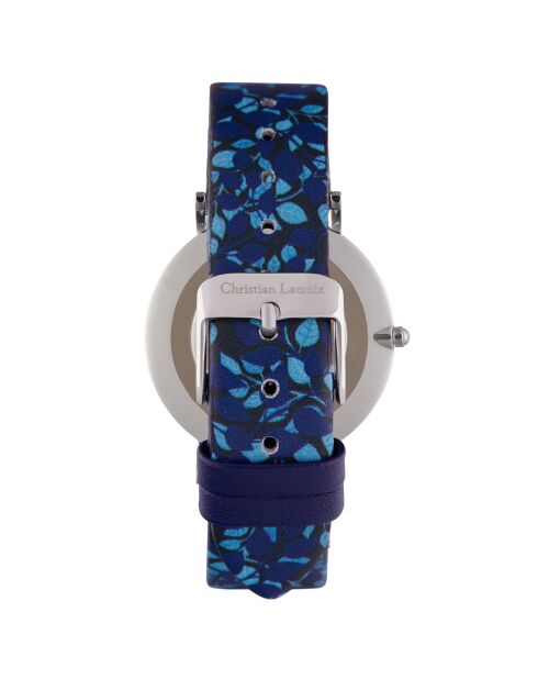 Blauw leren dameshorloge met bloemenprint