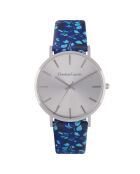 Blauw leren dameshorloge met bloemenprint