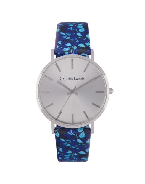 Blauw leren dameshorloge met bloemenprint