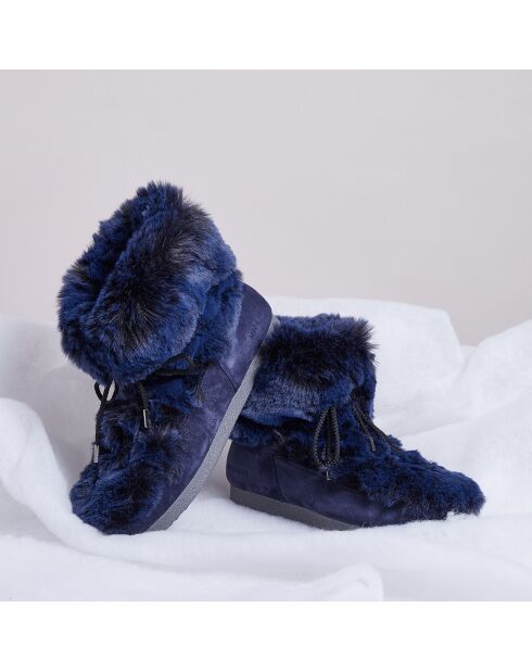 Boots Après-ski en Velours de Cuir & fausse Fourrure Mid Soft Fur bleu foncé
