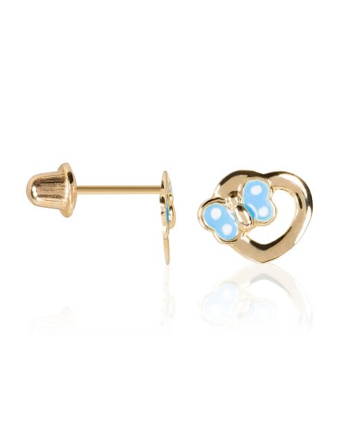Boucles d'oreilles enfant Petit coeur bleu or jaune