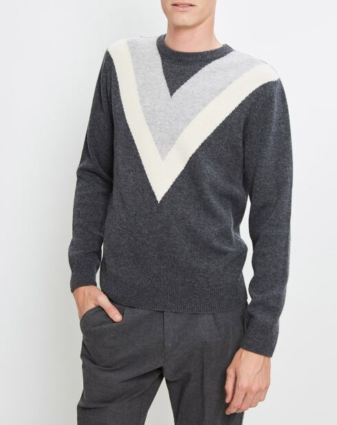 Pull en Laine & Cachemire  Intarsia Crew gris foncé/gris clair/blanc