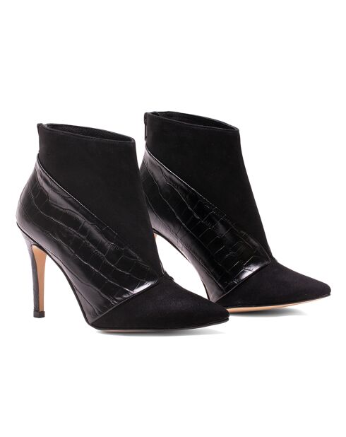 Bottines en Cuir et Velours de Cuir Flavia noires - Talon 8 cm