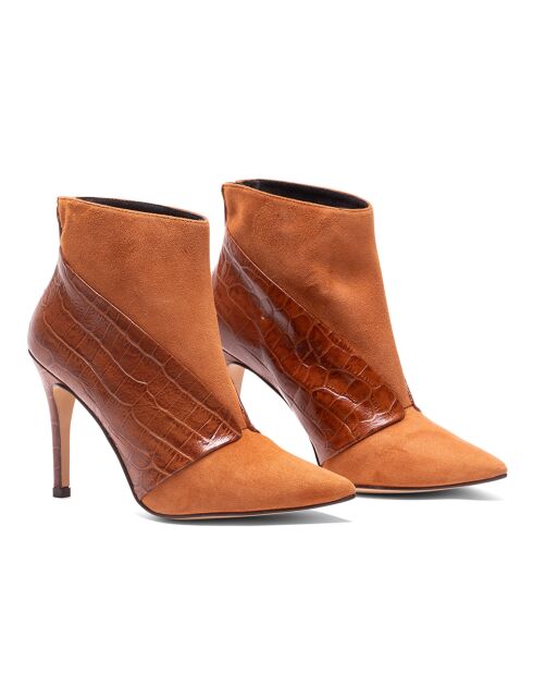 Bottines en Cuir et Velours de Cuir Flavia cognac - Talon 8 cm